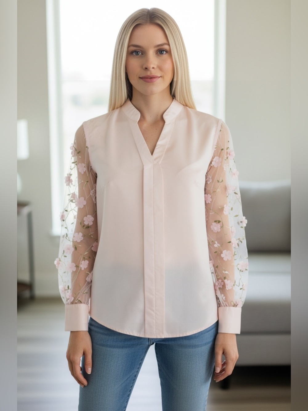 SHEIN Pale Pink Satin Blouse with Floral Mesh Sleeves